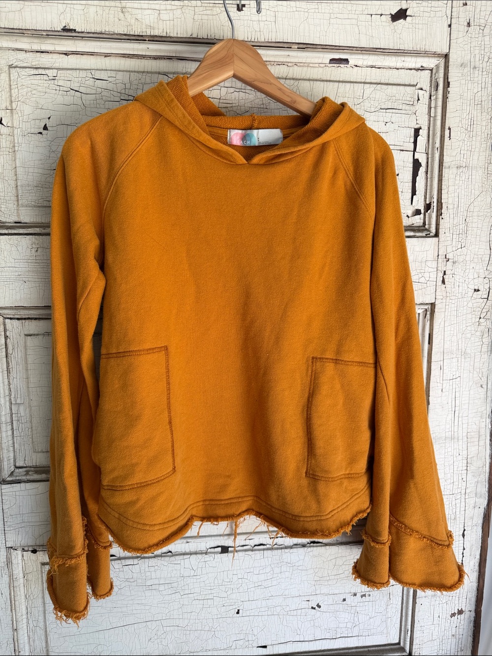 FP Beach Women’s Mustard/Orange Hooded Pullover Sweatshirt Bell Sleeves